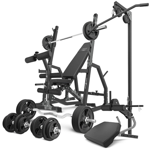 Set MS36_2.0_113KG_G | panca bifacciale + cavalletti da palestra + modulo preacher + pressa per gambe + stazione pulldown + barre rinforzate e pesi gommati 113 kg - Marbo Sport