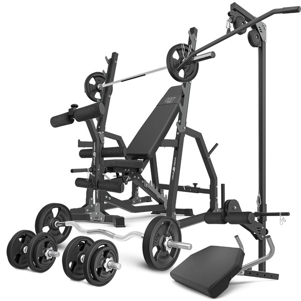 Set MS36_2.0_83KG_G | panca bifacciale + cavalletti da palestra + modulo preacher + pressa per gambe + stazione pulldown + barre rinforzate e pesi gommati 83 kg - Marbo Sport